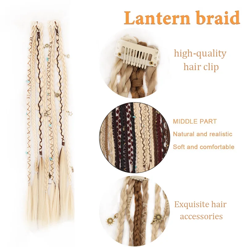 Trenza Bohemia Larga Tejida a Mano con Accesorios Decorativos Fácil de Usar Clip Sintético 3