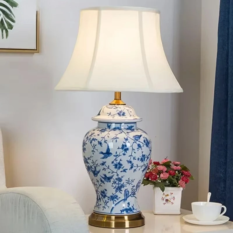 Chinese Ceramic Table Lamp Bedroom Night Stand Led Light Study Lighting for Living Room Decor Home Pattern Fabric Design