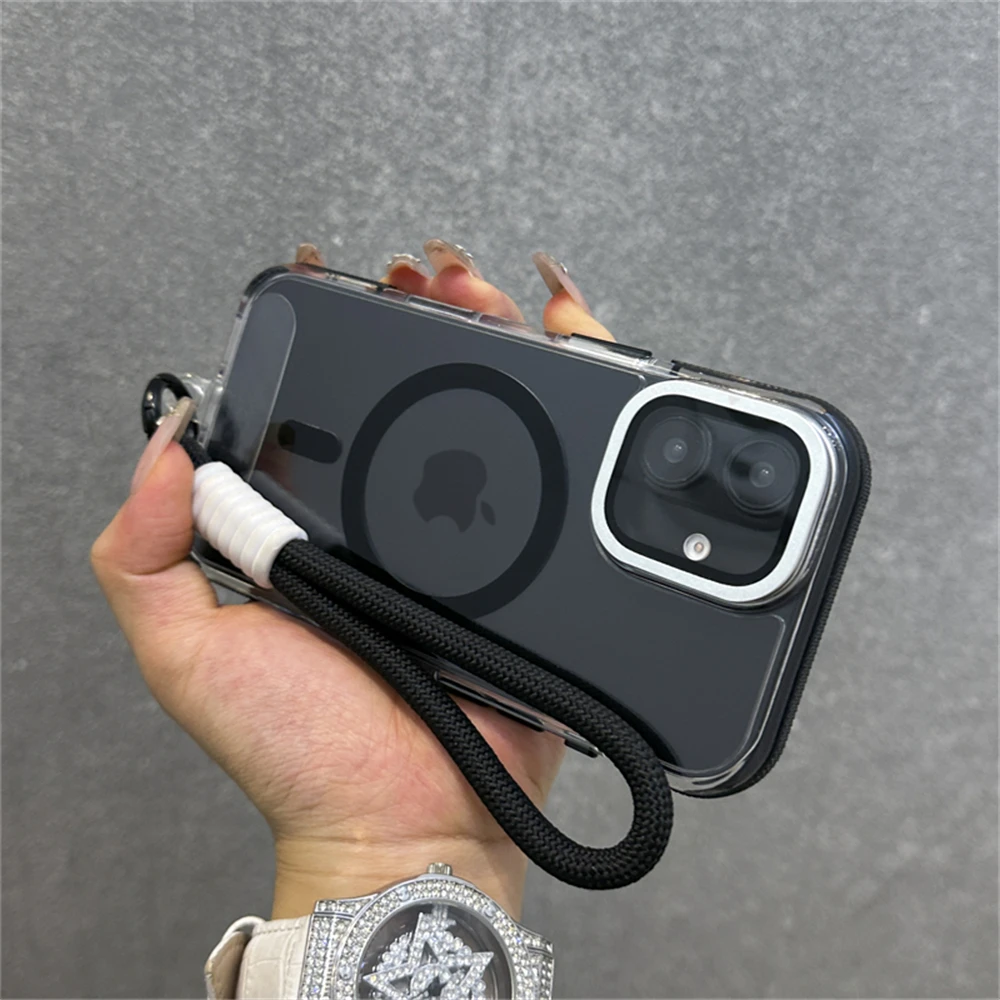 Magnetyczne etui z funkcją ładowania bezprzewodowego MagSafe, z klapką na aparat, uchwytem na nadgarstek, przezroczyste, do iPhone'a 17 16 11 12 13 14 15 Pro Max Plus — zdjęcie produktu 2