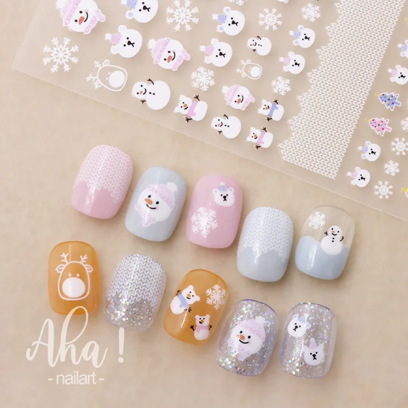 1 Stuks Kerst Cartoon Nail Art Sticker 3d Santa Claus/Eland/Sneeuwvlok/Sneeuwpop/Beer Ontwerp Zelfklevende Stickers Diy Manicure Decor