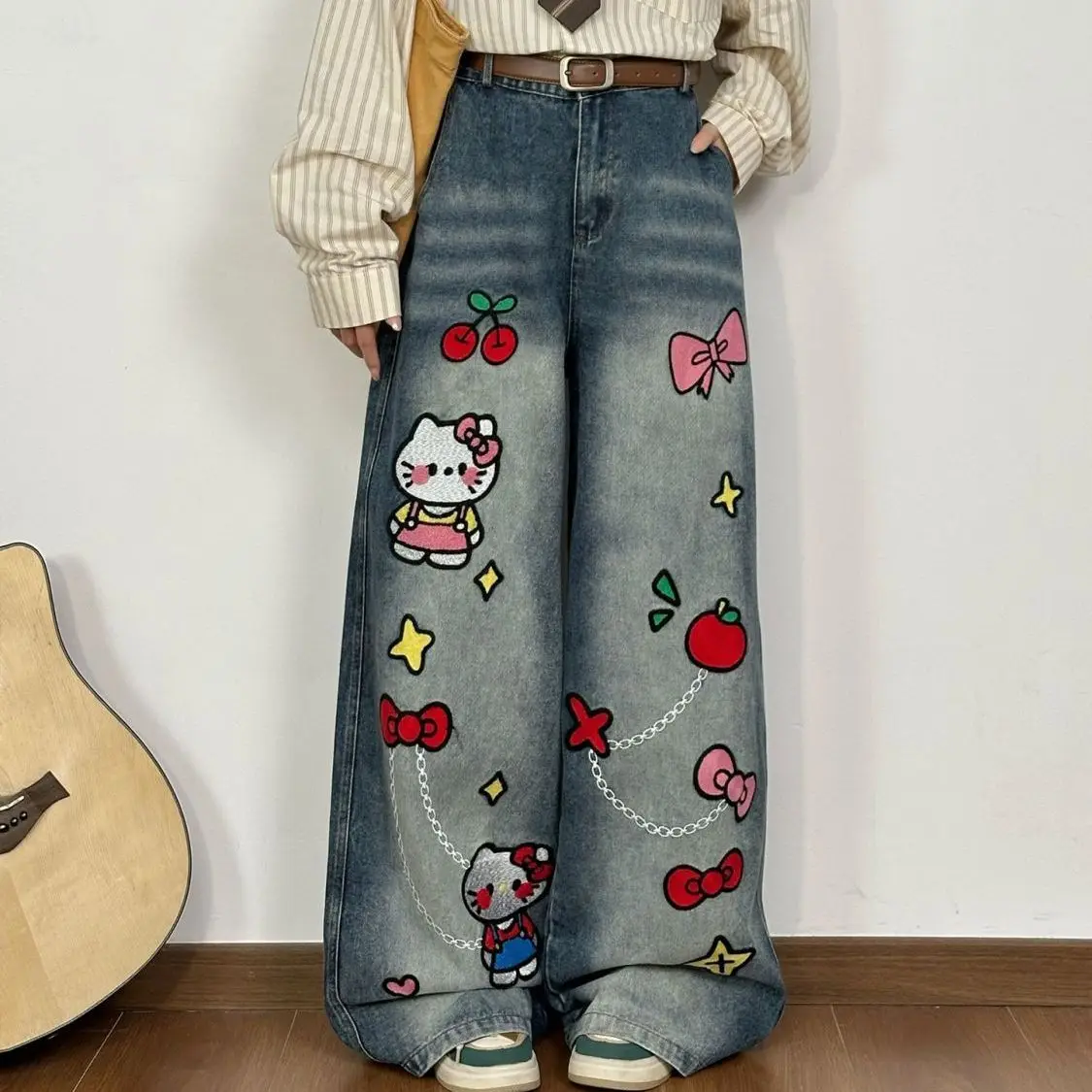 

Kawaii Hello Kittys Printed Jeans Y2K Korean Version Streetwear Jeans Loose Straight Trousers Girl Fashion Vintage Wide Leg Pant