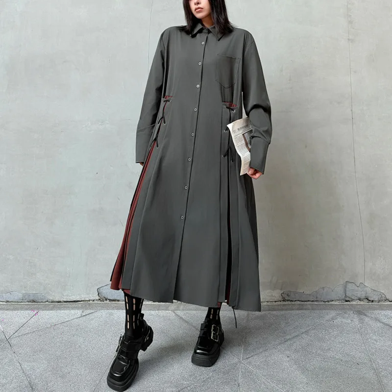 Sukienka koszulowa damska HKSH na wiosnę i jesień, blok kolorów, zapinana na guziki, długi rękaw, elegancka, modna, codzienna, oversize, model HK17317