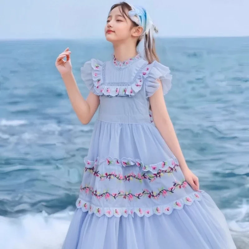 2026 Elegant Summer Dress Kids New Daily Wear Blue Floral EmbroideryGown High End Fashion Puffy Tulle Royal Princess