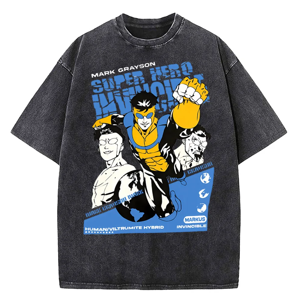 

Men Women Invincible Hero Vintage Washed Oversized T Shirts High Quality Cotton Clothes Short Sleeve Tee Crew Neck Tops Summer