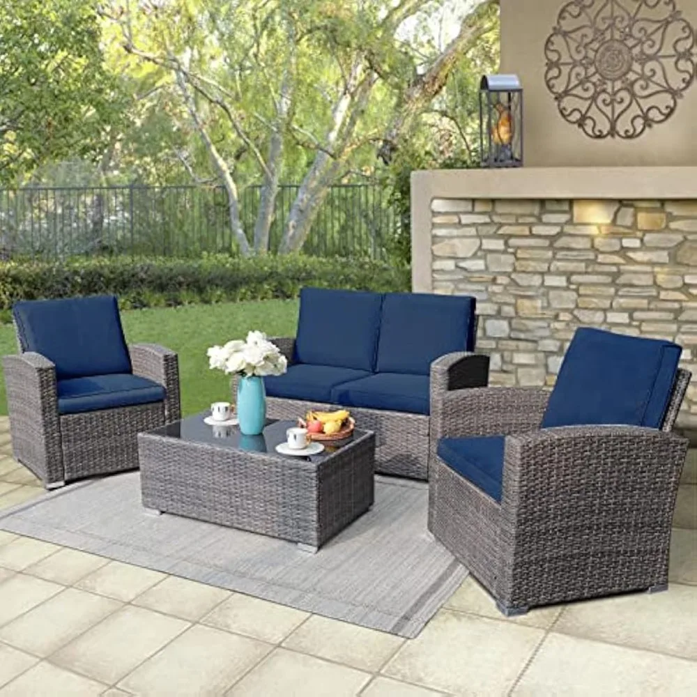 

Patio Furniture Set, 4 Piece Outdoor Patio Conversation Set, All-Weather PE Rattan Wicker Sectional Patio Sofa Set