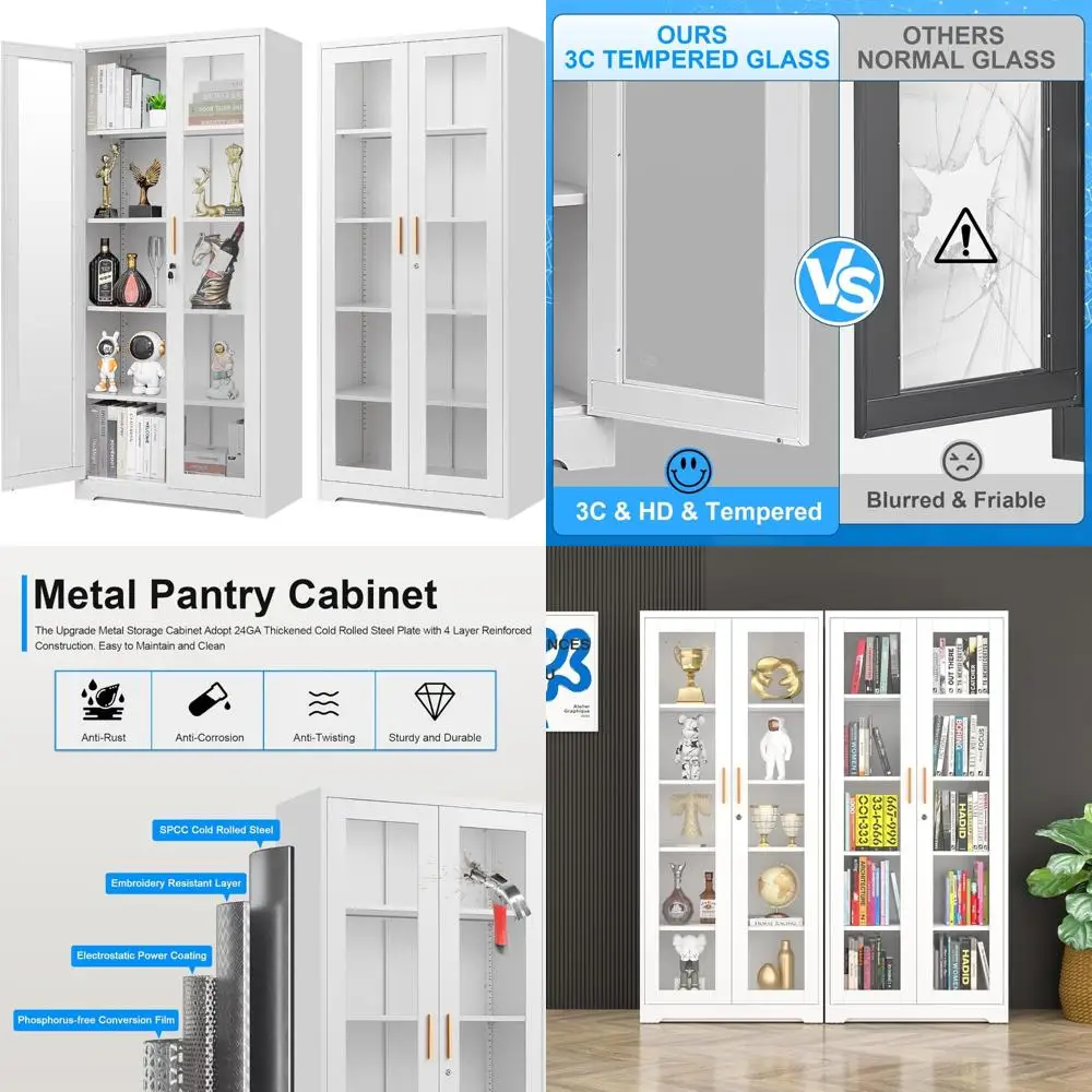 

Tall 71-Inch Glass-Door Display Cabinet with Lock for Collectibles and Living Room Decor