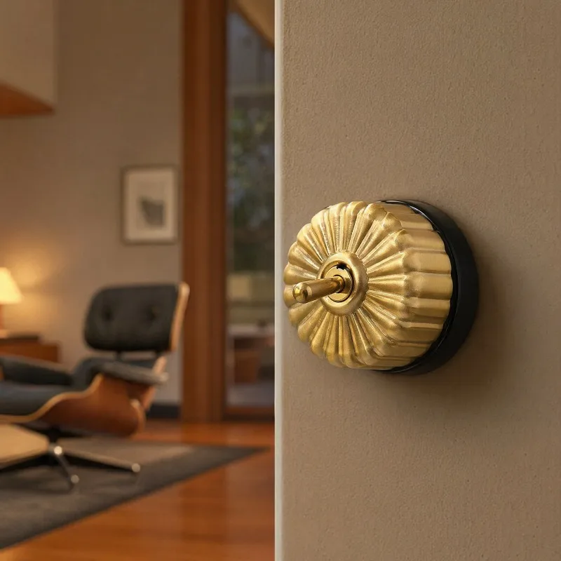 Vintage Retro LED Metal Brass Lever Creative Simple Decorative Round Ceramic Porcelain Toggle Switch with Wooden Base