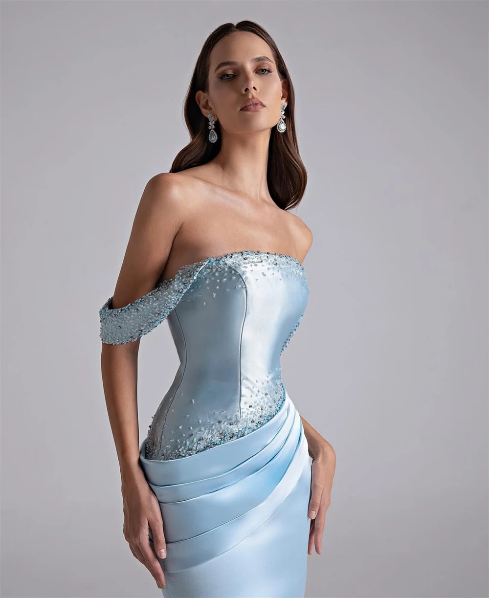 

Customized Simple Blue Satin Evening Dress Formal Boat Neck Off the Shoulder Party Dress Soft Mermaid Sweep Train Prom Dresses