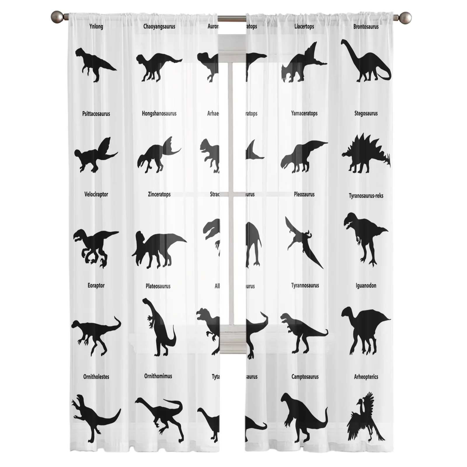 Dinosaur Silhouettes Black White Chiffon Sheer Curtains for Living Room Bedroom Home Decor Window Voile Tulle Curtain Drapes