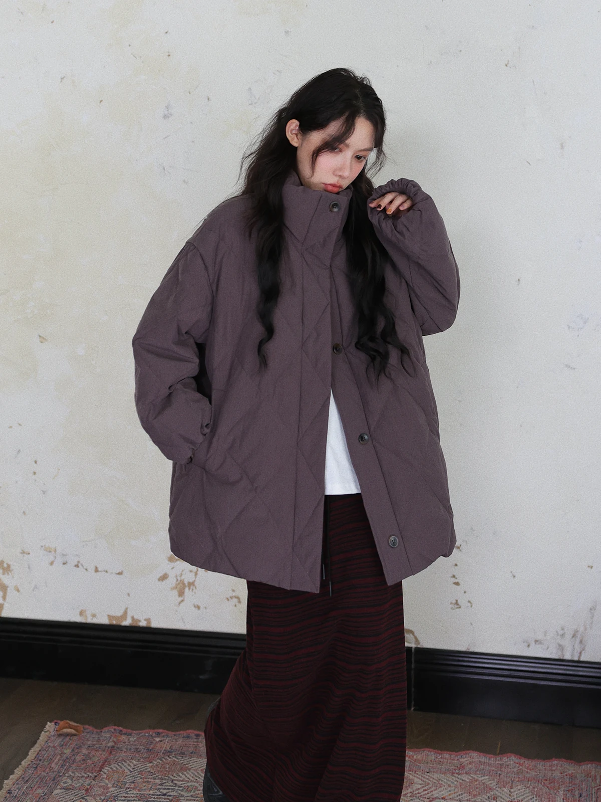 

DR Purple Diamond Stitching Design 90 down Loose Long Women's down Jacket Warm Thickened Long Sleeve Stand Collar Coat