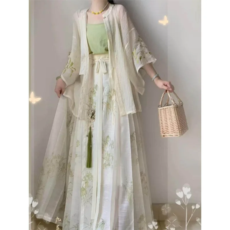 Hanfu fat mm100kg embroidered Song Dynasty round neck half sleeve women's waist pleated skirt new Chinese style daily spring