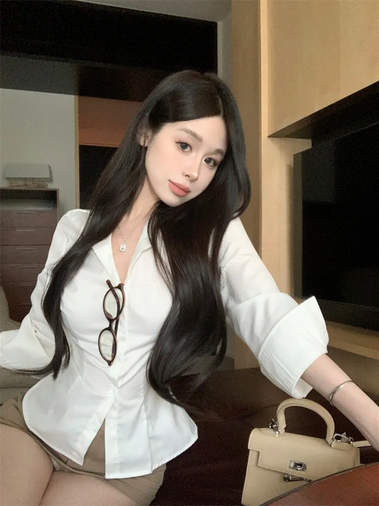 

Slim Fit Long Sleeve V-Neck White Shirt Women's Spring Summer Business Commute Top Waist-Cinching Design Sensation Slimming E...