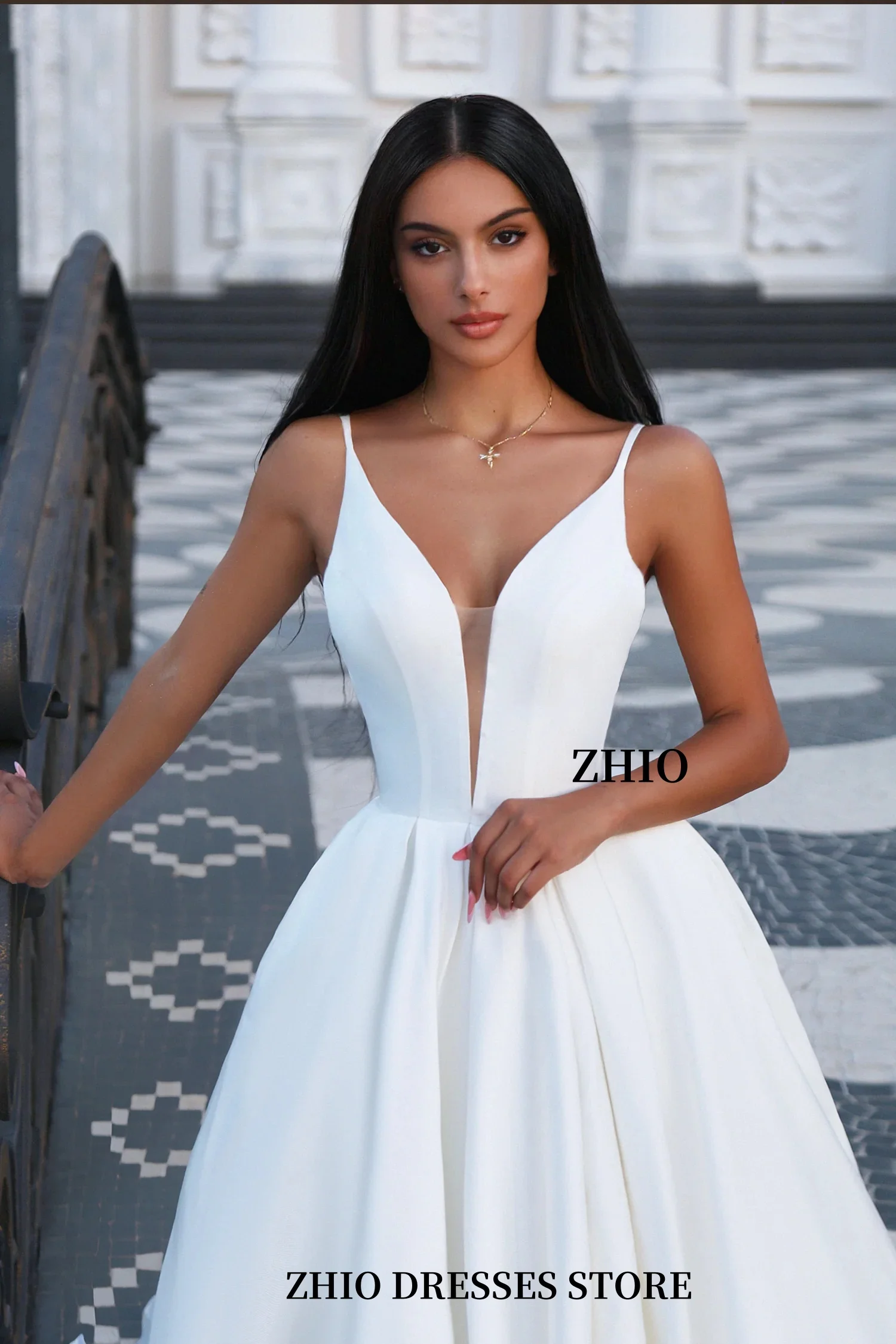ZHIO Shiny Lace Satin Wedding Dress Sleeveless A-line Side Split Backless Bridal Dress Vestido de Novia Customized