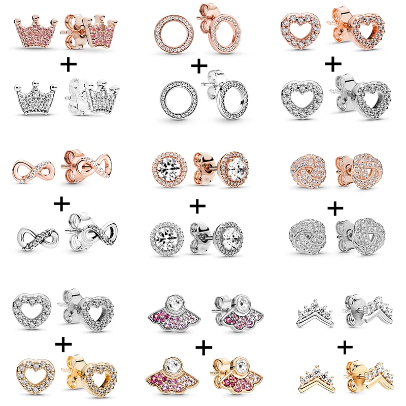 2 Pairs Luxurious CZ Stud Earrings Crown Heart Round InfiniteLove Earrings For Women Valentine's Day Jewelry Gift Dropshipping