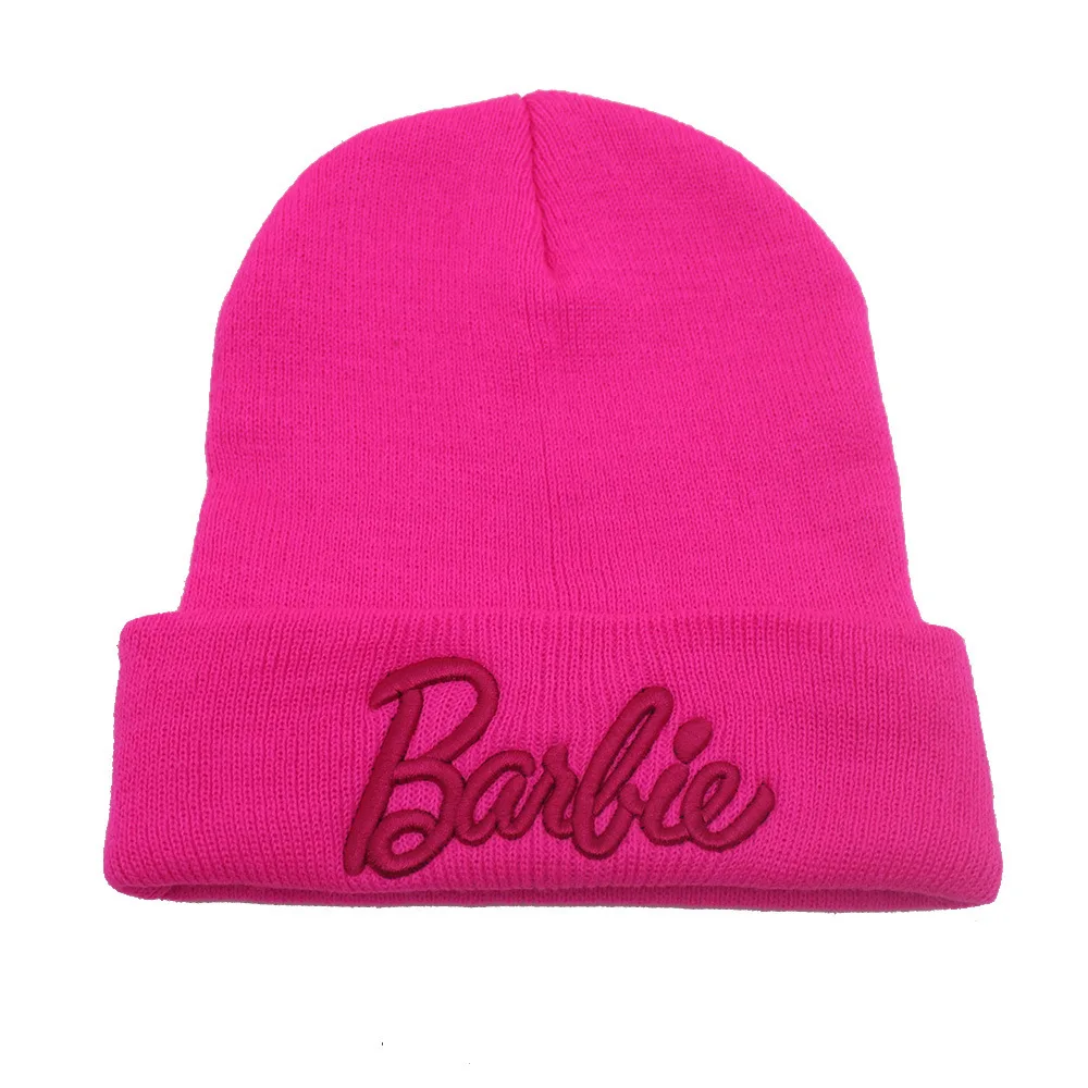 Cute Fashion Warm Barbie Letters Pink Knitted Hats Woolen Embroidered Girls Women Accessories Caps Winter Dress Up Outdoor Wear