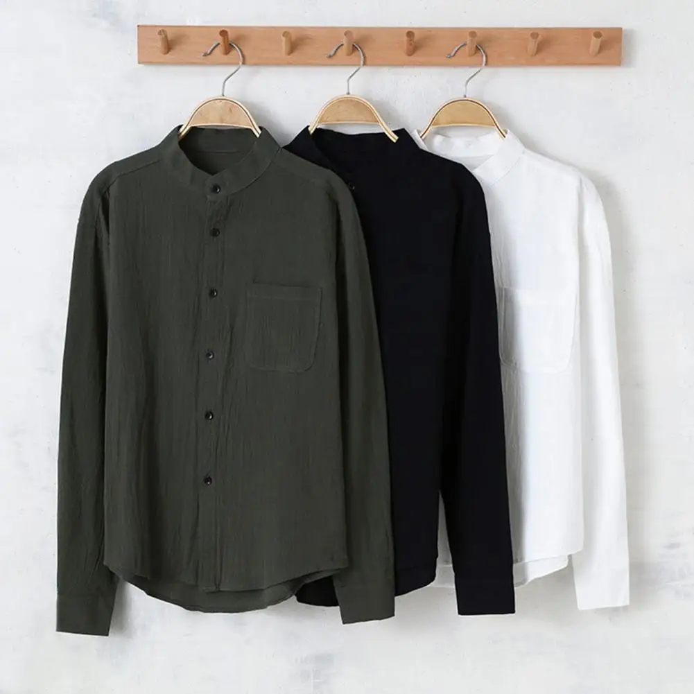 Stand Collar Single-breasted Men's Shirts Solid Color Loose Patch Pocket Soft Breathable Casual Mid Length Men Spring Fall Top