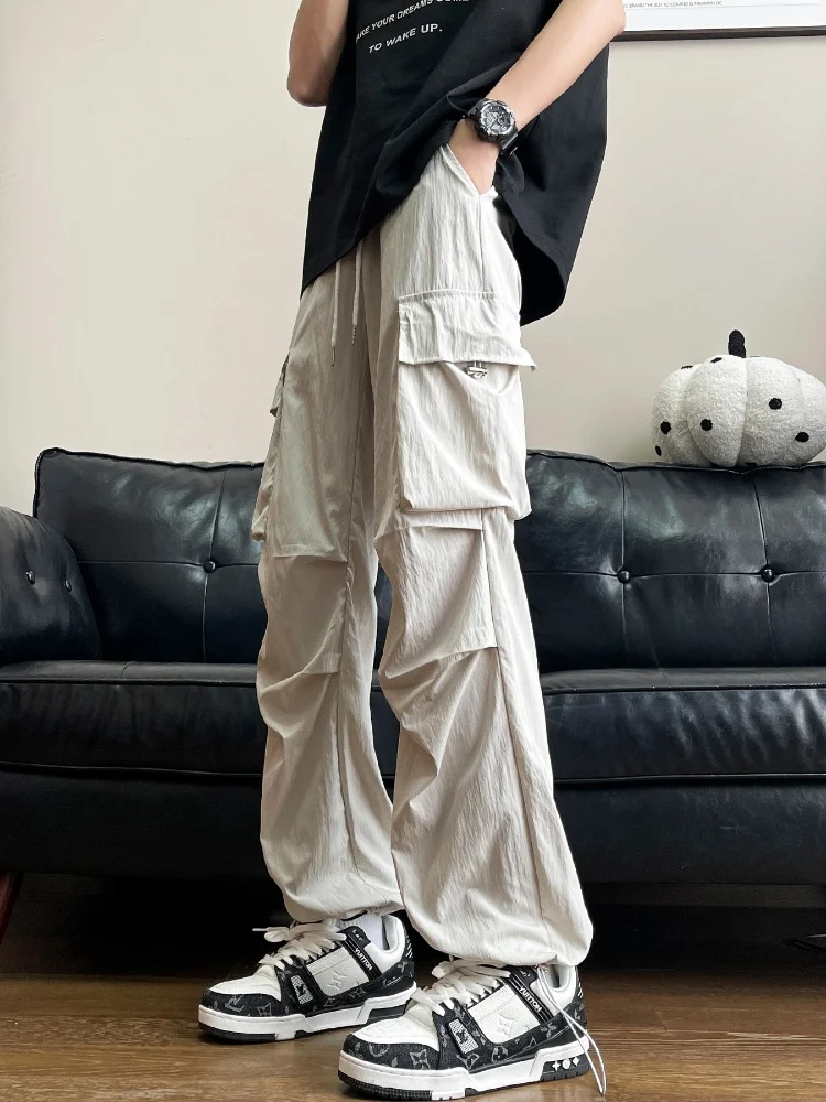 

Мужские летние тонкие свободные брюки из ледяного шелка, функциональные, в американском стиле, прямые, повседневные, в стиле парашютиста