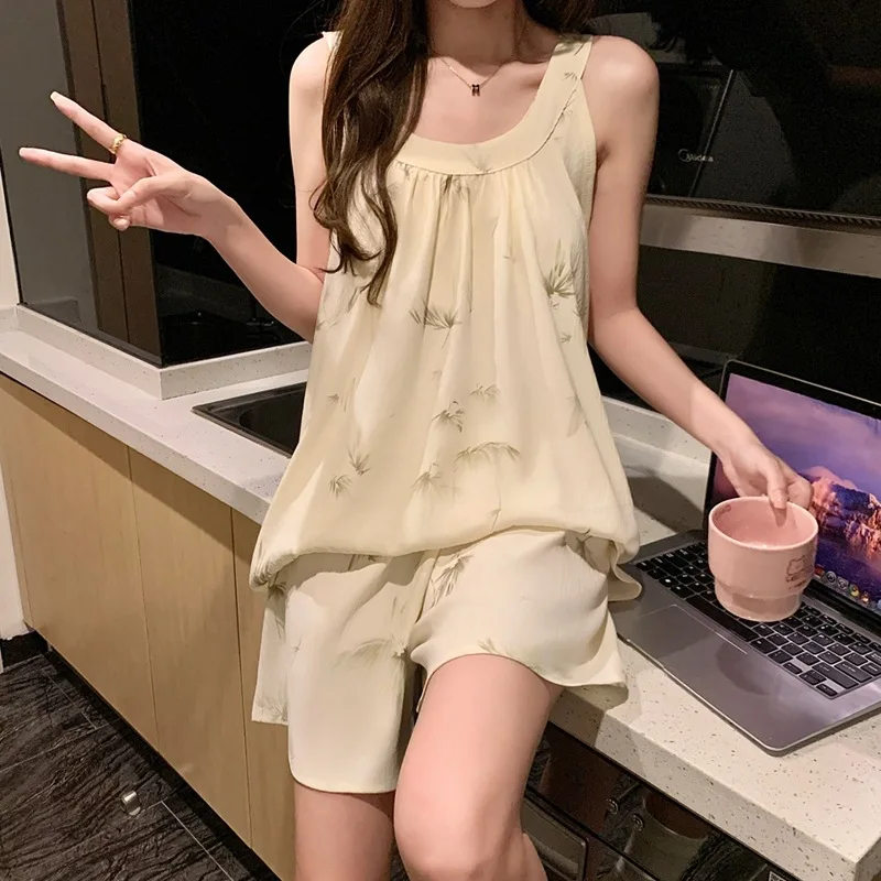 

Cloud Cotton Women's Sleepwear with Chest Pad Bamboo Leaf Home Clothes Thin Short Length Sweet Style Four Seasons Universal