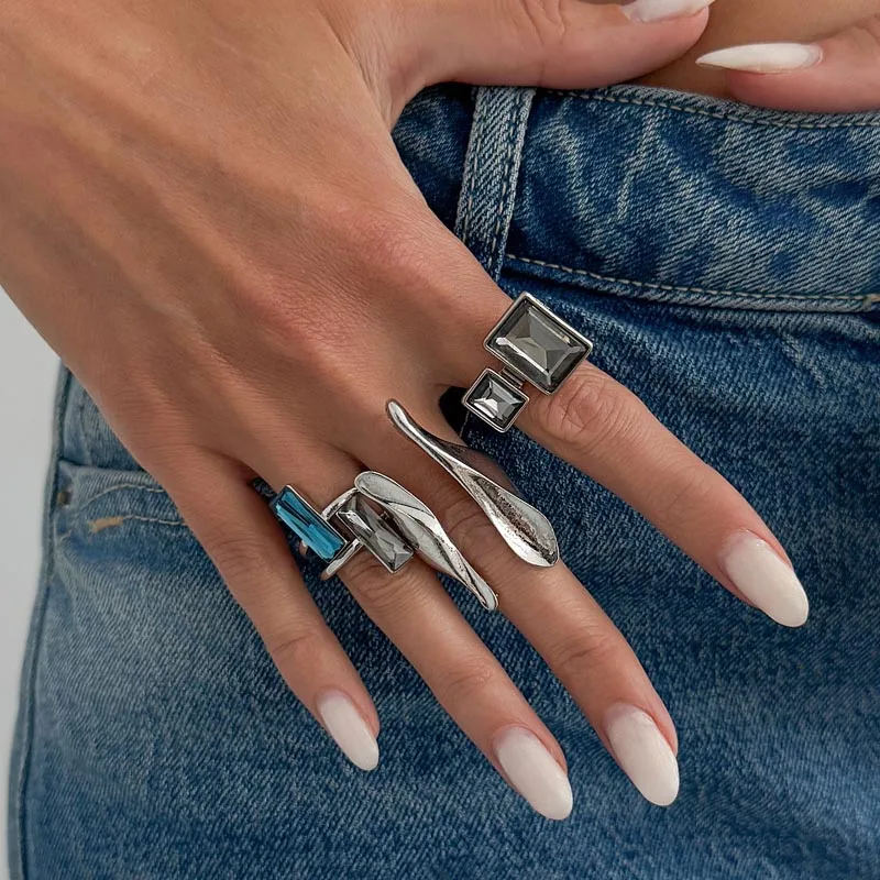 3Pcs Irregular Abstract Stackable Rings for Women Geometric Rectangle Crystal Open Adjustable Rings Gothic Trendy Punk Jewelry