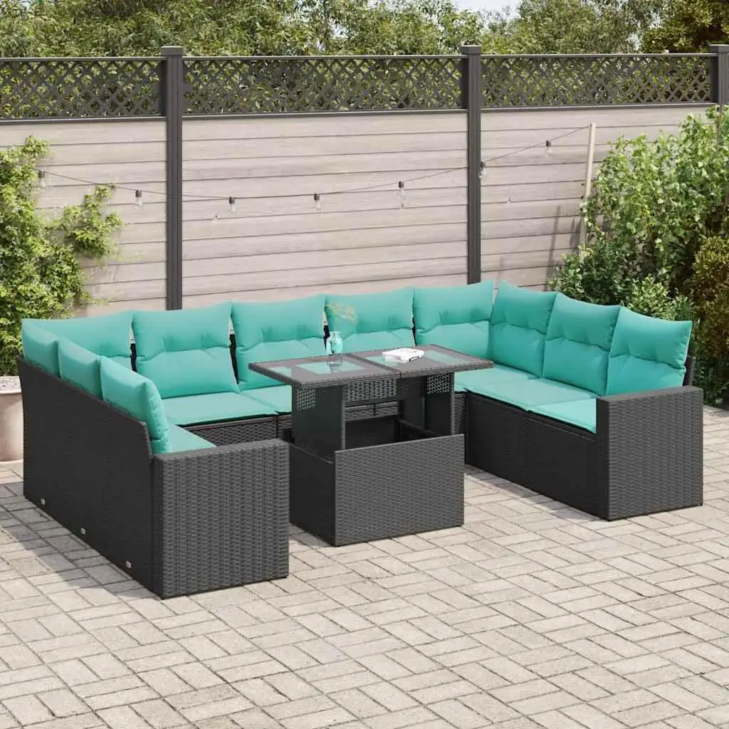 

10 Piece Outdoor Patio Sofa Set with Cushions Black Rattan and Acacia Stylish Garden Furniture