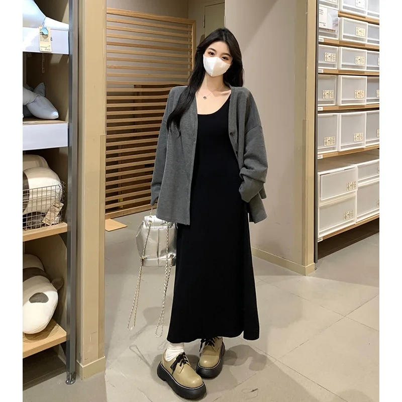 

plus Size Knitted Dress Women's Autumn New Style Slimming Black Strapless Long Dress Two-Piece Set Korean Style A-Line Skirt