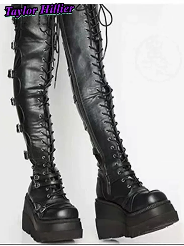 Готические ботинки Y2K с квадратным носком в стиле панк Botas на шнуровке, горячие туфли на квадратном каблуке с боковой молнией и пряжкой, черный рок, 9,5 см, туфли до колена
