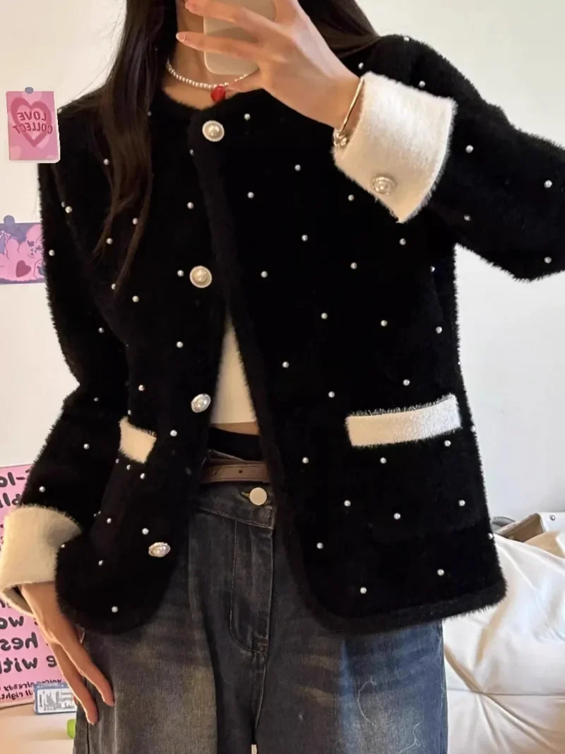 Mink Cashmere Sueters De Mujer Vintage Short Black Jacket Women Cardigan Feminino Y2k Fashion Cropped Pull Femme Sweater Top