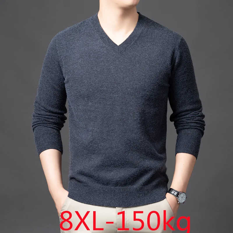 

Толстый мужской свитер 8XL, зима 2025 года, классический вязаный свитер с v-образным вырезом больших размеров, мужской теплый базовый свитер большого размера с длинными рукавами, пуловеры