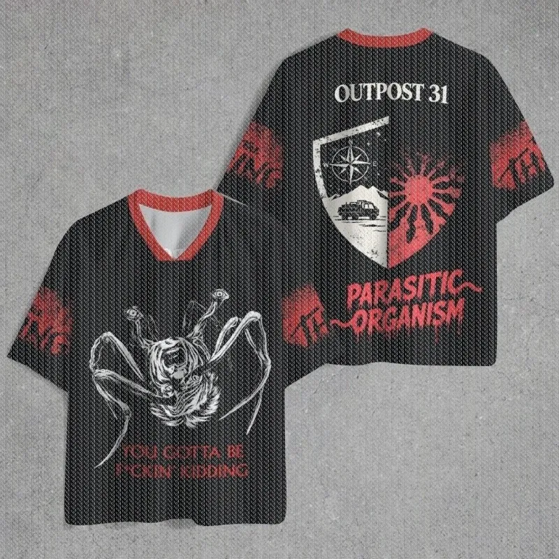 V Neck Black Red Trim Mesh Jersey T Shirt Alien Creature Shield Compass Print Front Back Sleeve Horror Streetwear Top