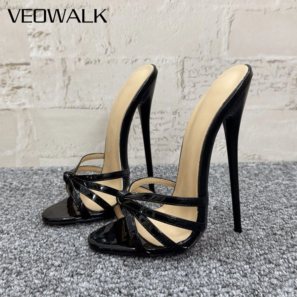 

14/16CM Super High Stiletto Heel Mules Black Knotted Open Toe Sandals Sexy Slippers Pole Dance Nightclub Party Shoes for Women