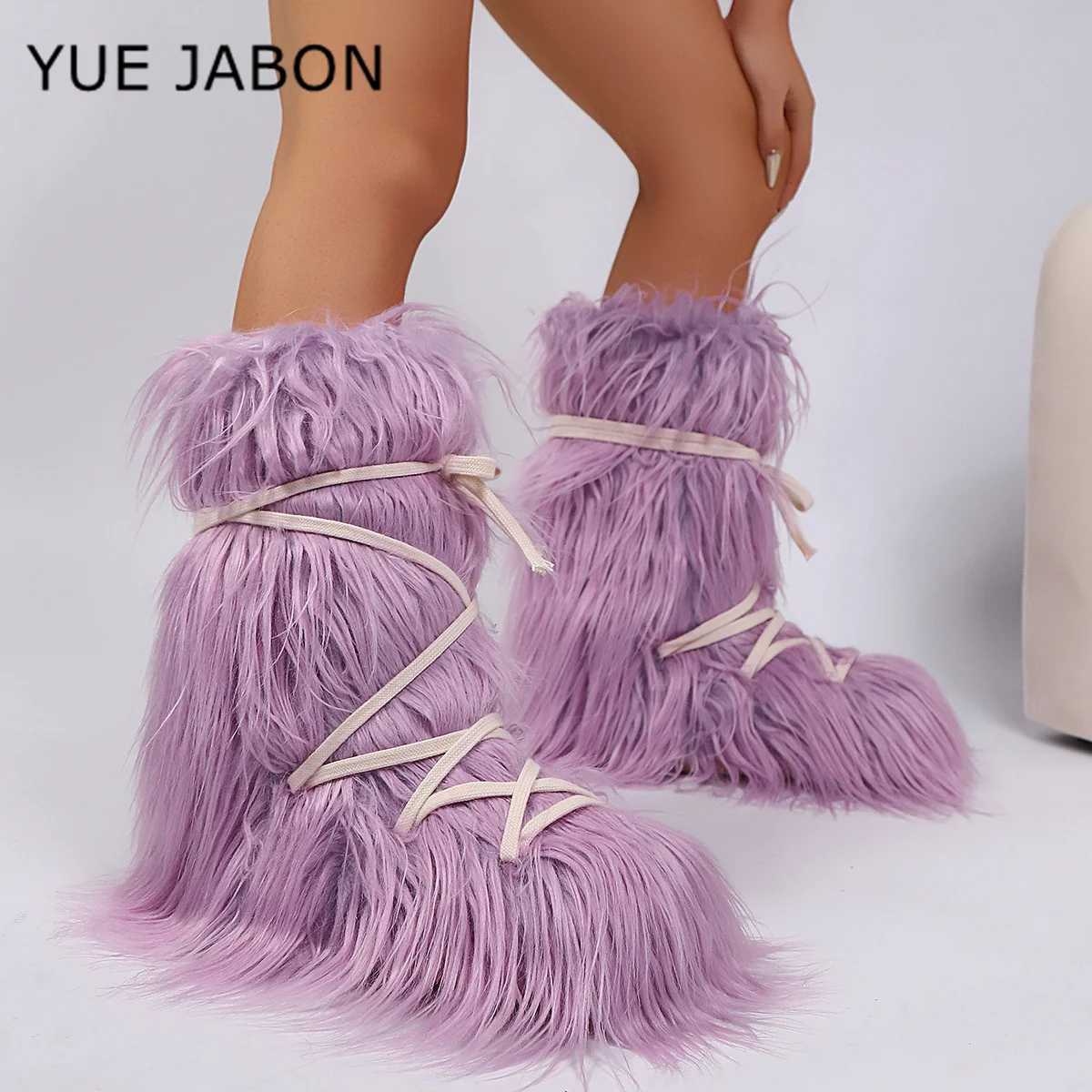Lila Winter-Mond-Schuhe, pelzige Schneestiefel, extra warme High-Top-Schnürstiefel mit Fellfutter und flachem Absatz und runder Zehenpartie für Damen