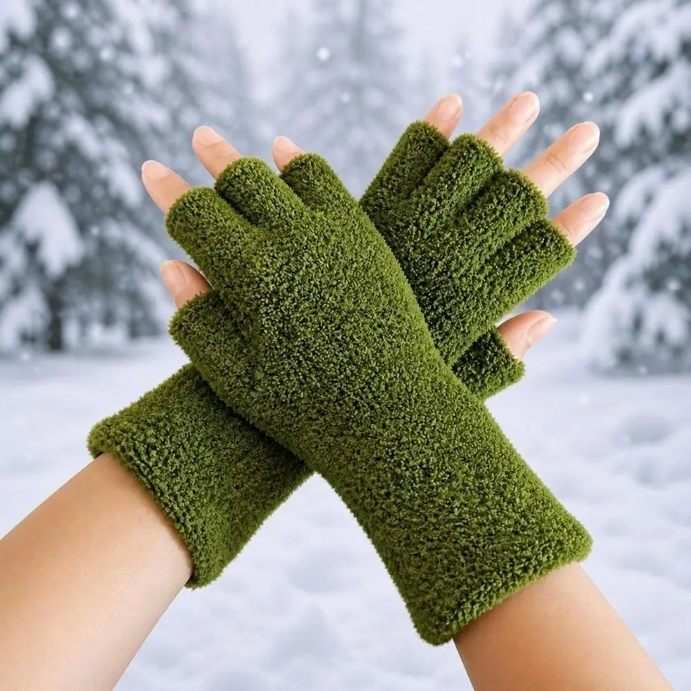 Solid Color Fingerless Gloves Thicken Finger Openings Half Finger Mittens Coral Fleece Winter Warm Gloves for men and women