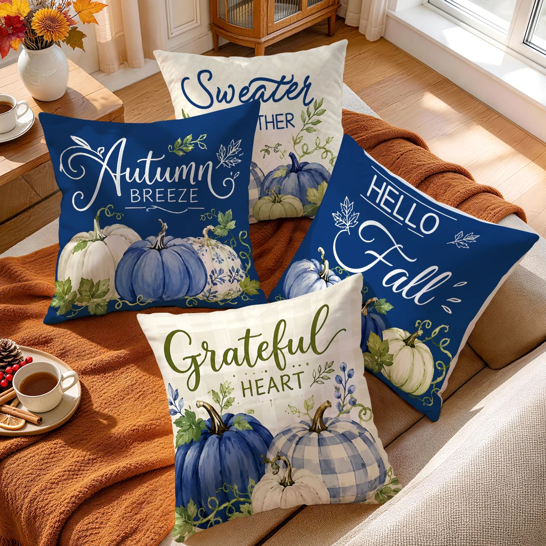 Navy Blue Plaid Pumpkin Cushions Pillowcase Polyester Cushion Cover Throw Pillow Pillowcover Home Car Sofa Decor