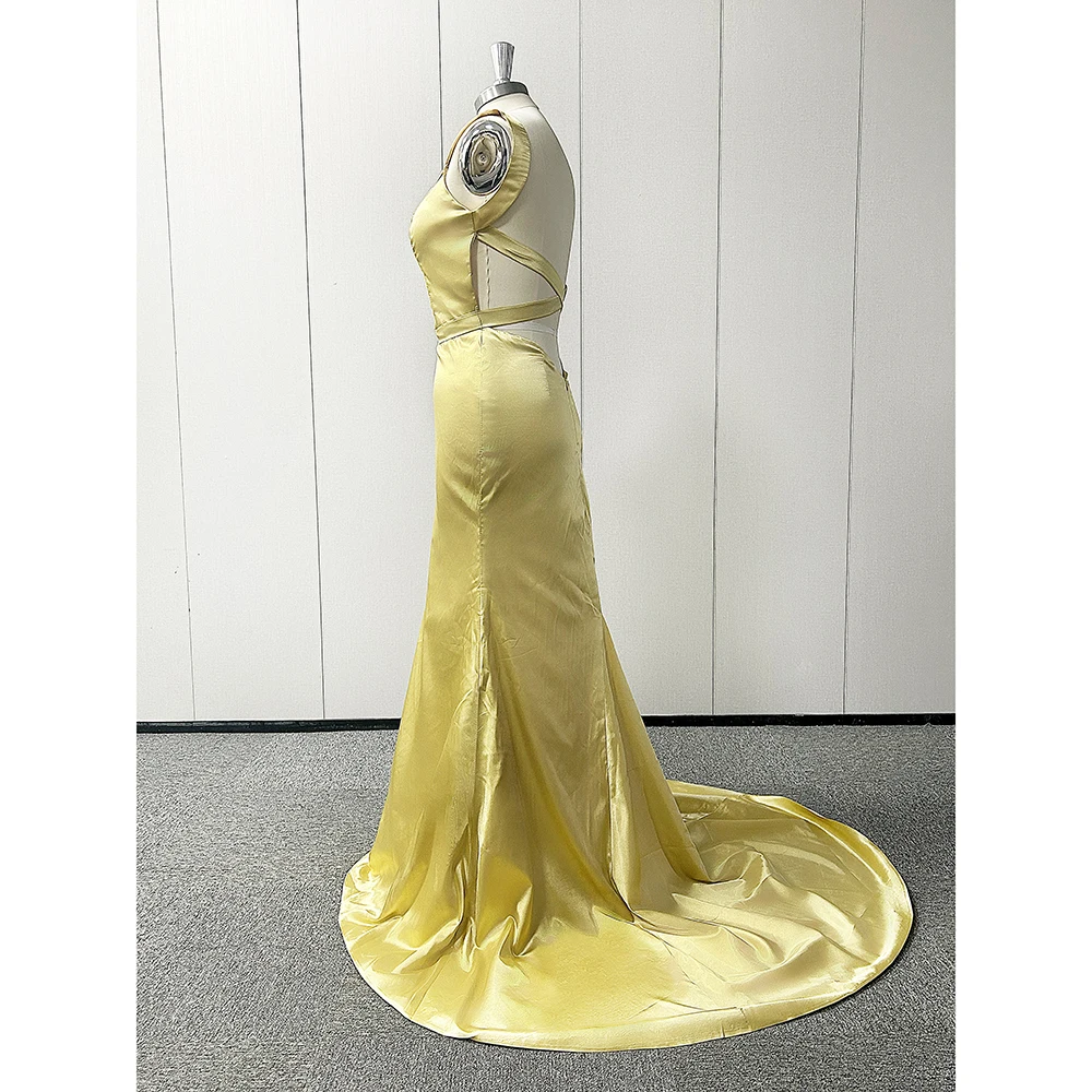 Yellow Backless Sleeveless Satin Evening Dresses Special Event Chapel Train Sweetheart Mermaid Summer Beach Simple Long Dress