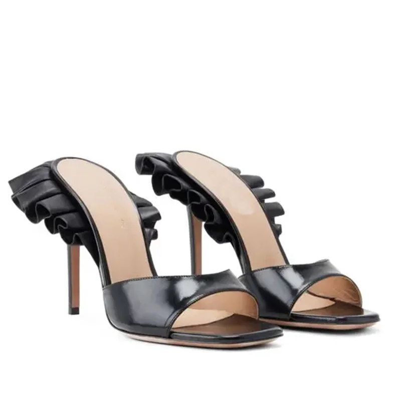 Pleated Ruffles Decoration Sandals Sexy Square Toe One Word Belt Customized New Arrivals Fashion Women Modern Shoes