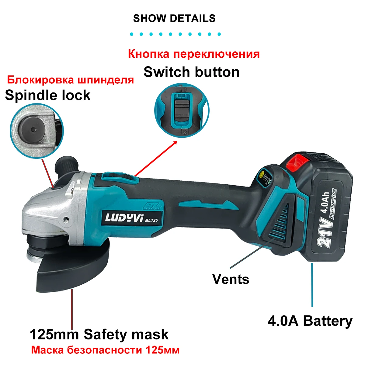 Amoladora angular eléctrica sin escobillas M14 de 125mm, 21V, batería de litio de 4000mah, herramientas eléctricas de molienda de corte recargables