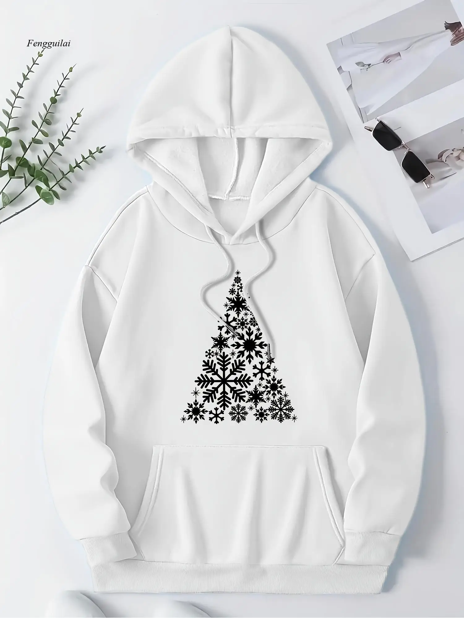 Felpa casual con stampa fiocco di neve e albero di Natale |   Motivo geometrico e floreale, con cappuccio con tasche
