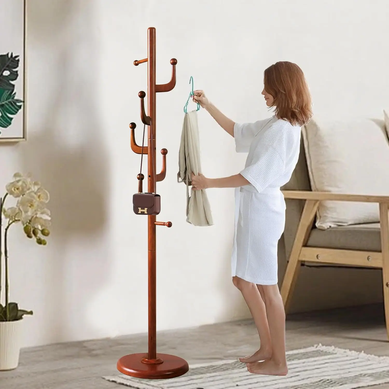 Solid Wooden Coat Rack Stand, Coat Racks Freestanding with 7 Hooks, Natural Birch Wood Coat stands with Sturdy Round Base