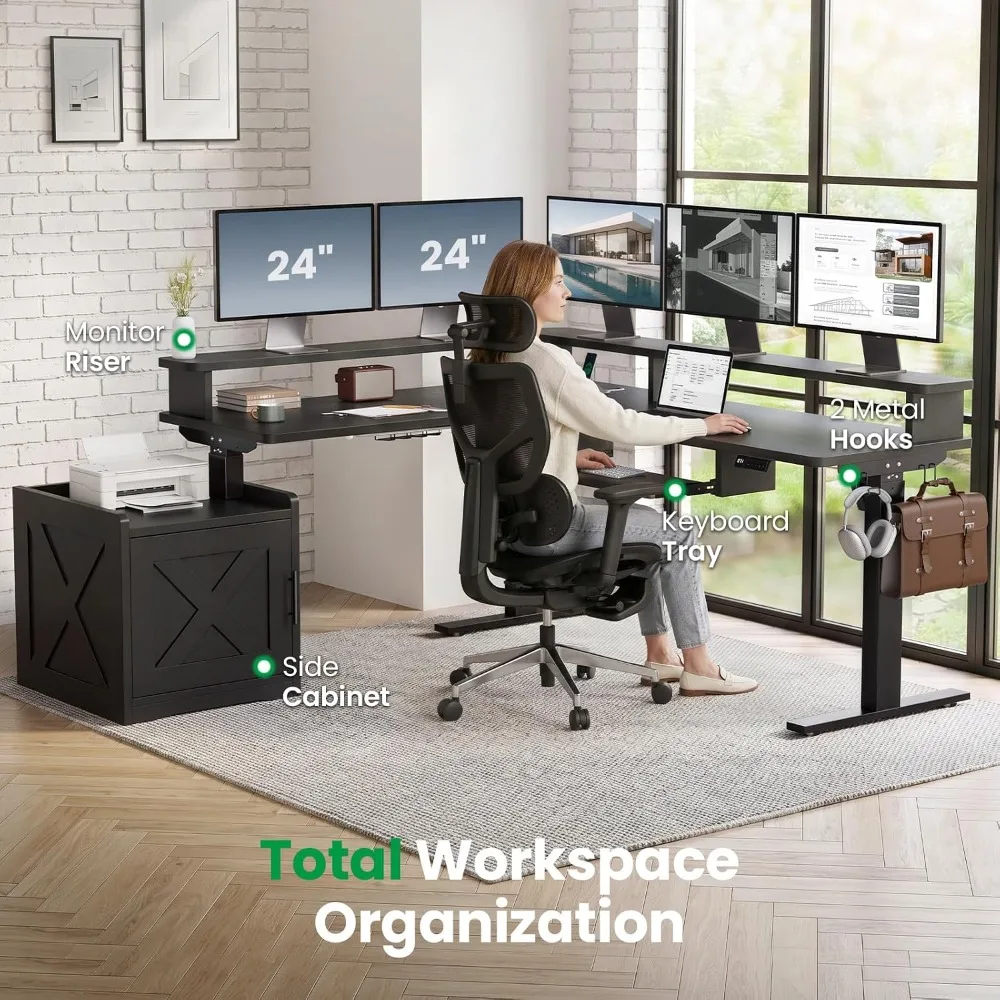 L-Shaped Standing Desk 63x55 with Monitor Shelf and Cabinet