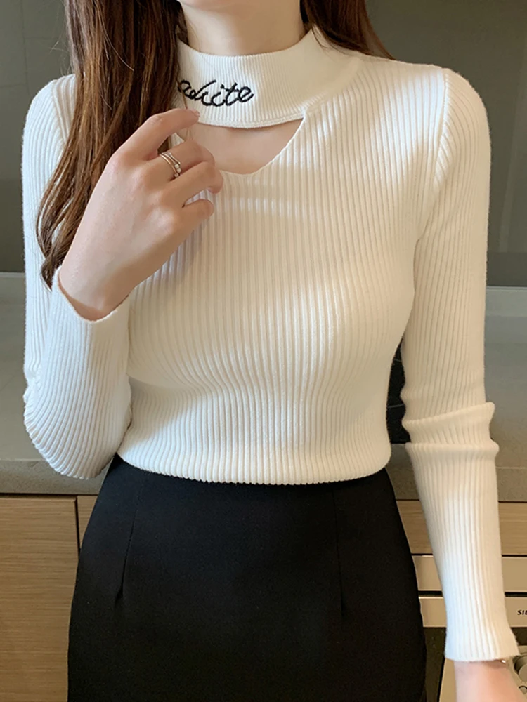 Letter Embroidery Hollow Out Mock Neck Women Sweater Autumn Winter Tops Slim Jumper Soft Warm Female Pullover Knitted Sweaters