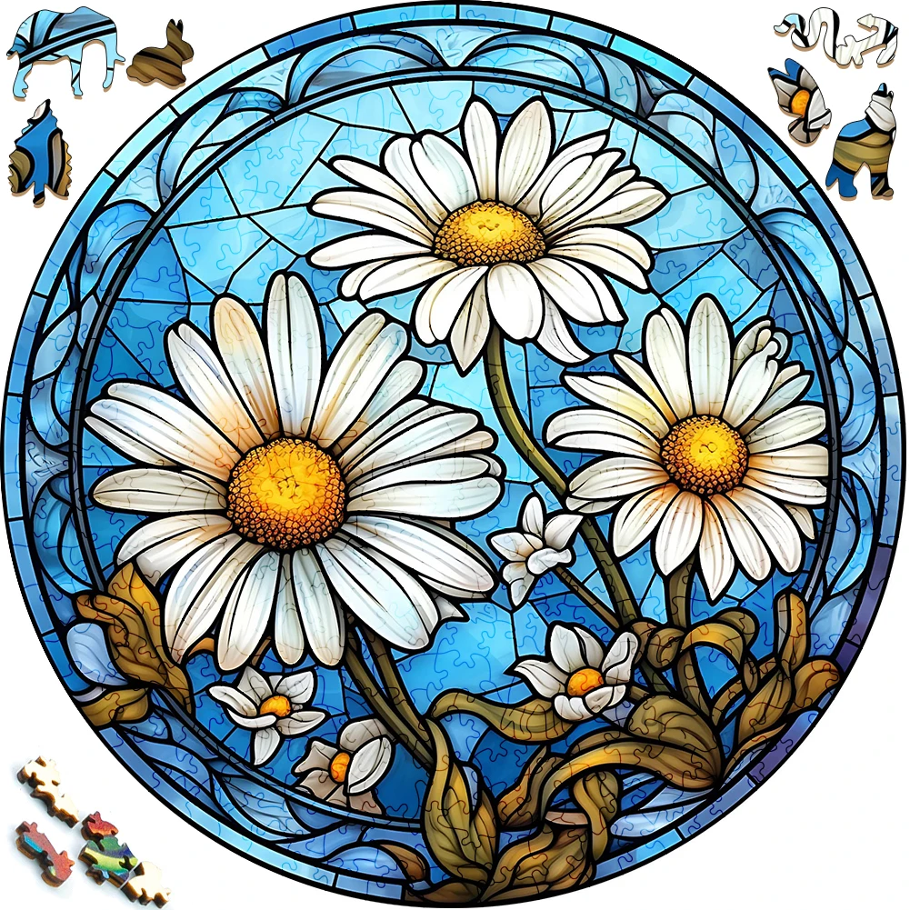 Wooden Puzzle Painted White Daisies Funny Toy Animal Wood Puzzles Smart Games Round Shaped Jigsaw Puzzle Best Gift For Friends