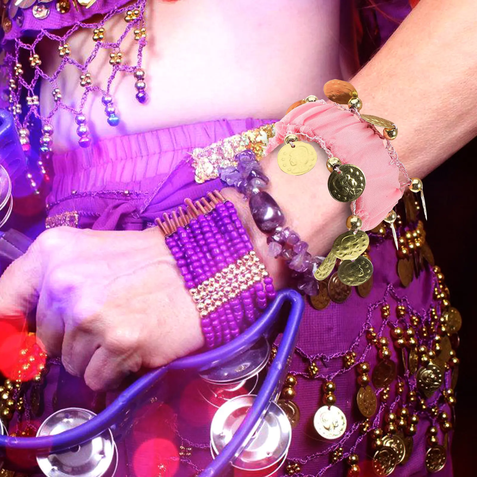 2 個のベリーダンスリストバンドスパンコールシフォンブレスレットステージパフォーマンス用ダンスジュエリーアクセサリーベリーダンサー衣装