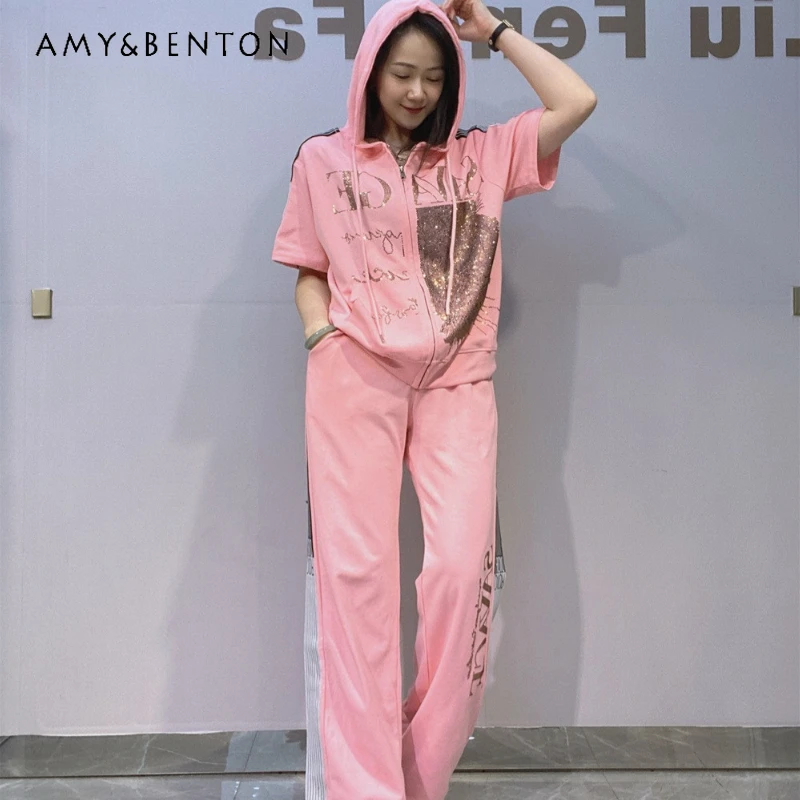 

Women's Pink Hooded Cardigan Zipper Short Sleeves Pants Sports Suit Women's Summer Rhinestone Fashion Sweatshirt Two-piece Set