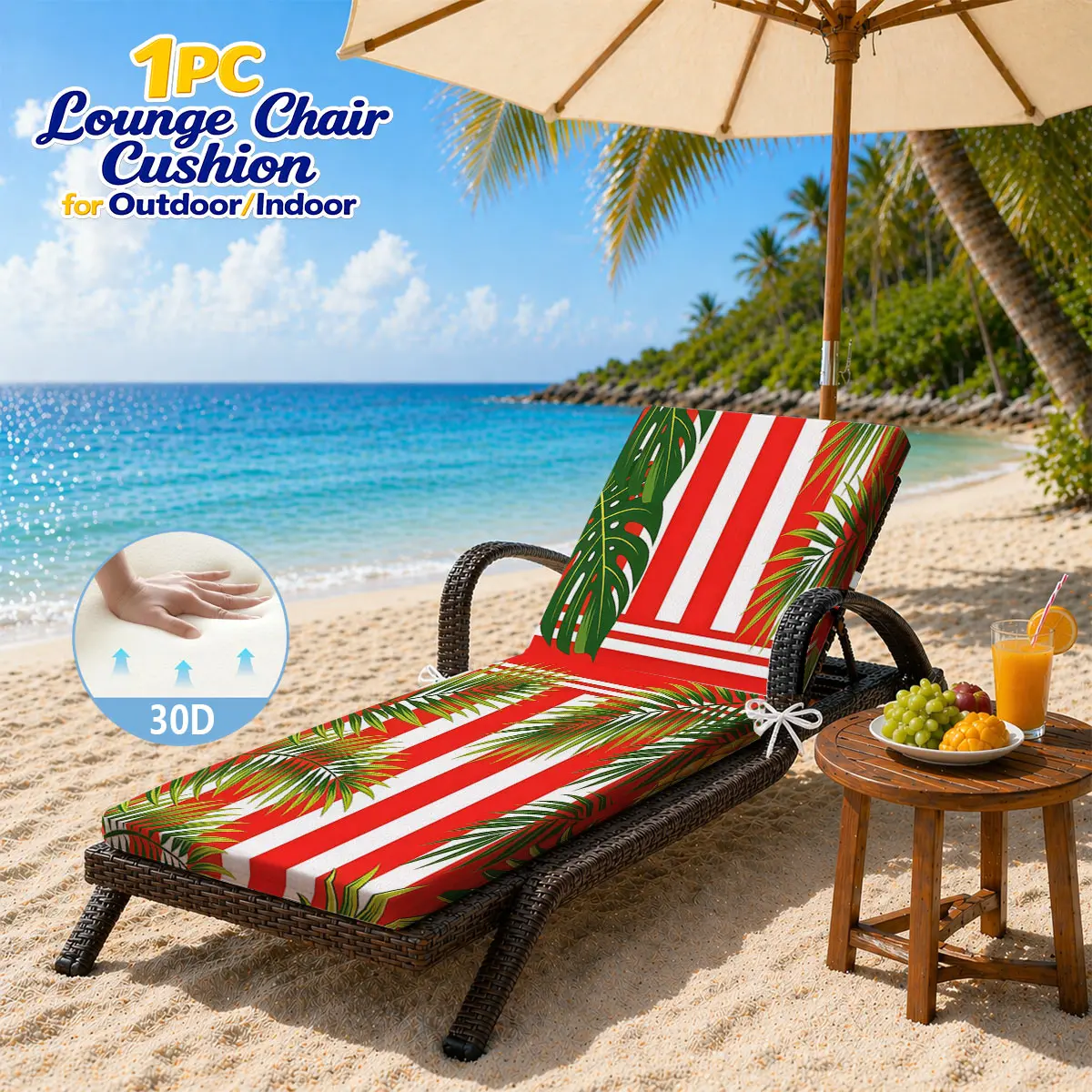 

Tropical Hawaiian Beach Lounger Cushion with Soft Touch, UV Protection, Non-Slip Straps, Easy Care, Fits Indoor & Outdoor Chairs