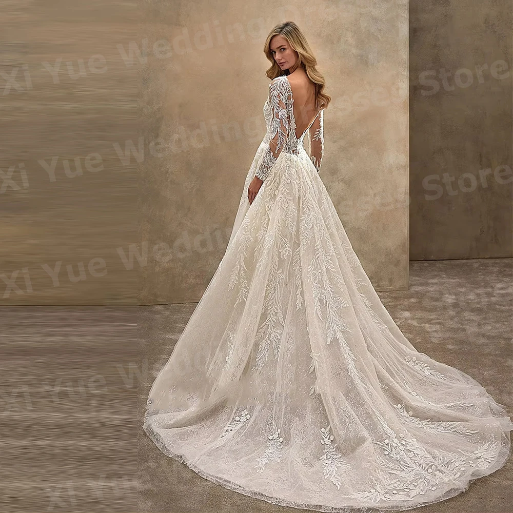 Robe De Mariée gracieuse ligne A pour femmes, col en V, avec des Appliques en dentelle, manches longues, personnalisée