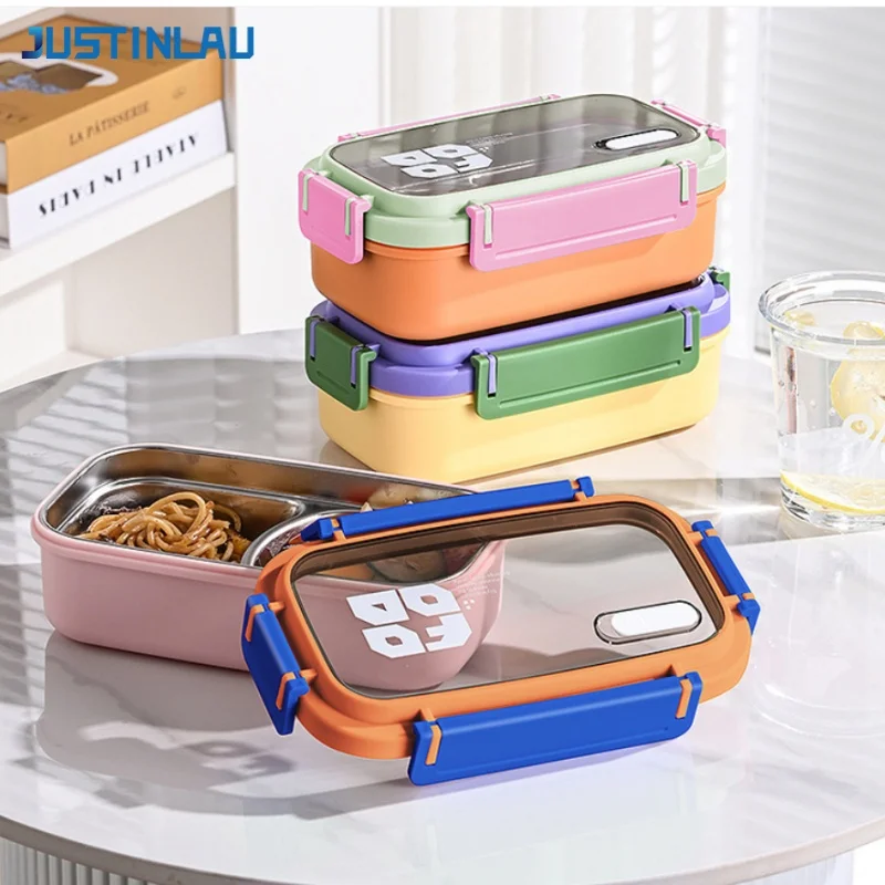 JUSTINLAU Caja Bento de 2 compartimentos, contenedor de acero inoxidable para almuerzo, sándwiches, refrigerios, frutas, ensaladas, caja de almacenamiento de alimentos, vajilla para el hogar/oficina