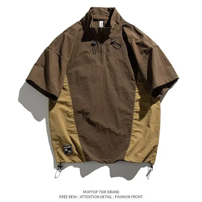 Lightweight Short Sleeve Ice Silk  Shirt Men's Half Zip Casual T-Shirt Quick Dry No Ironing Required Summer Fashion