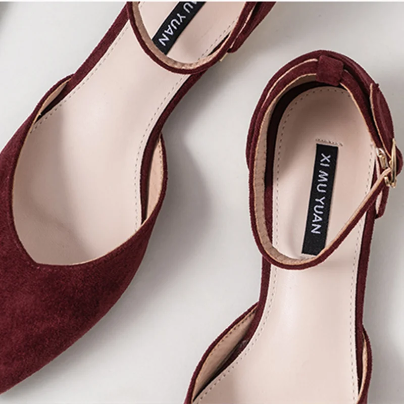 Lady Elegant Sandals Wine Black Flock Cover Heels Flats Metal Buckle Strap OL Shoes Pointy Toe Chaussure 3-43 25cm British Style