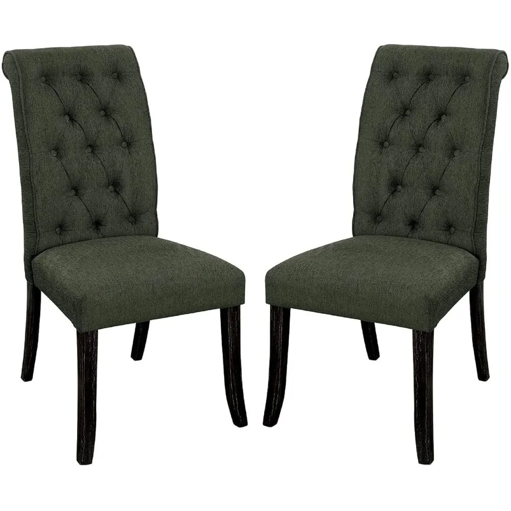 2pcs Dining Chairs, Antique Black Frame Finish Dining Room Furniture Seats, Fabric Upholstered Tufted Chairs for Kitchen