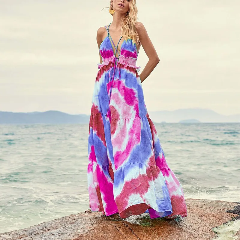 FD846 2023 Spring/Summer Tie Dye Gradient Diagonal Stripe Horizontal Pattern Printed Hanging Strap Dress